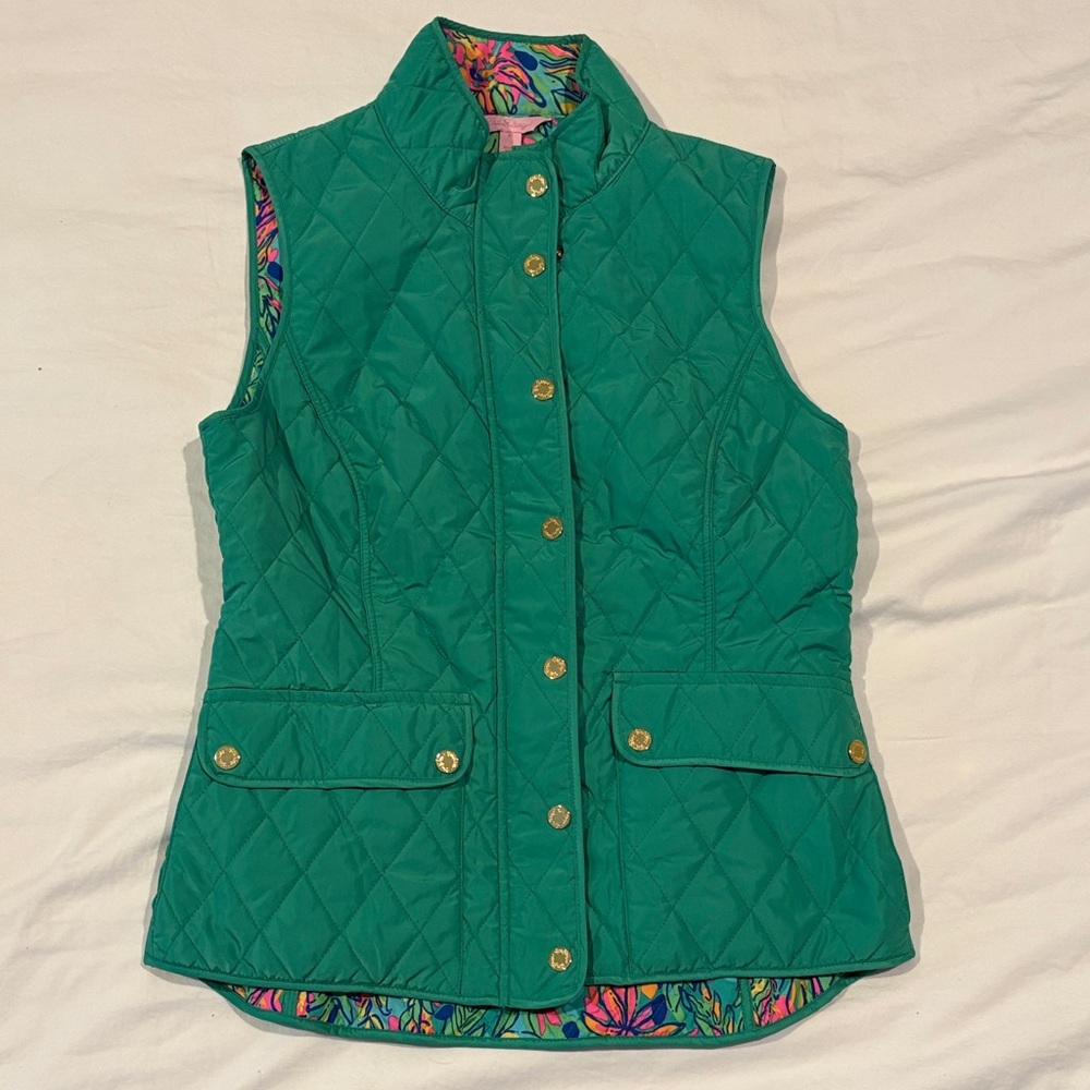 Lilly Pulitzer Green Quilted Vest with Colorful Lining